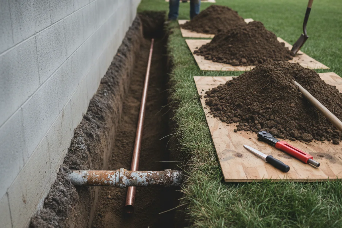 Excavated water line trench during Water Softener Installation in Corydon